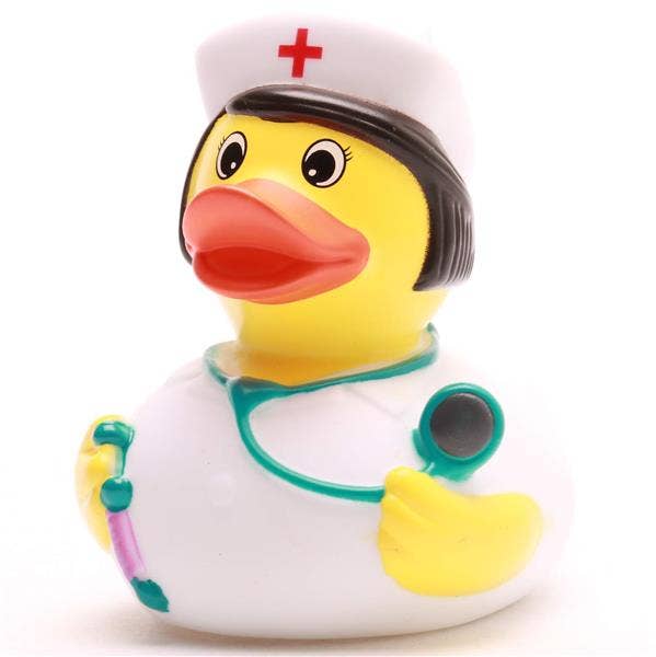 Patito de goma enfermera con estetoscopio y jeringa vista frontal izquierda