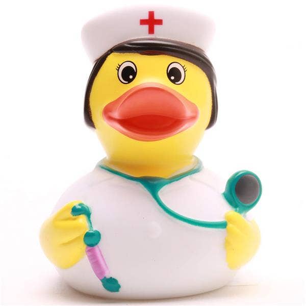 Patito de goma enfermera con estetoscopio y jeringa vista frontal