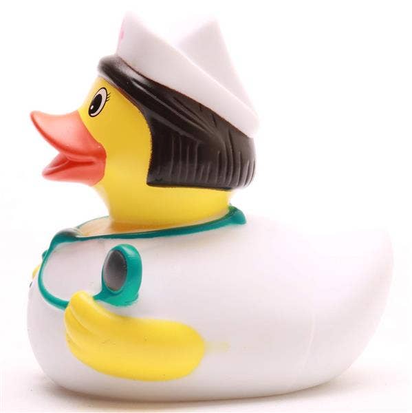 Patito de goma enfermera con estetoscopio y jeringa vista lateral izquierda