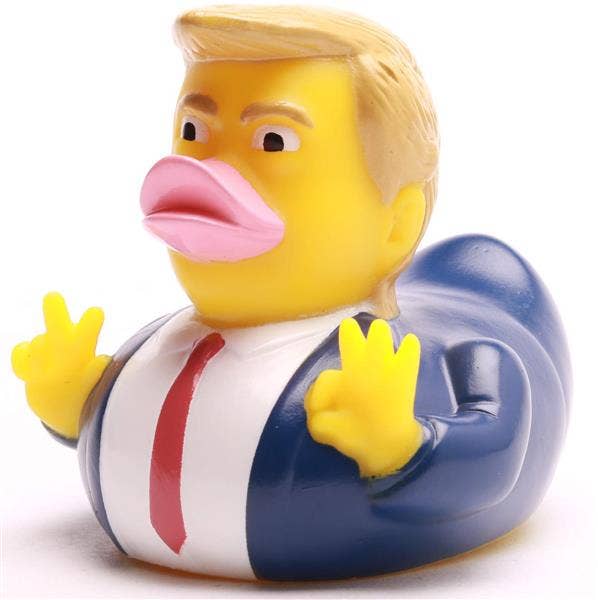 Patito de goma estilo presidente con traje azul vista frontal izquierda