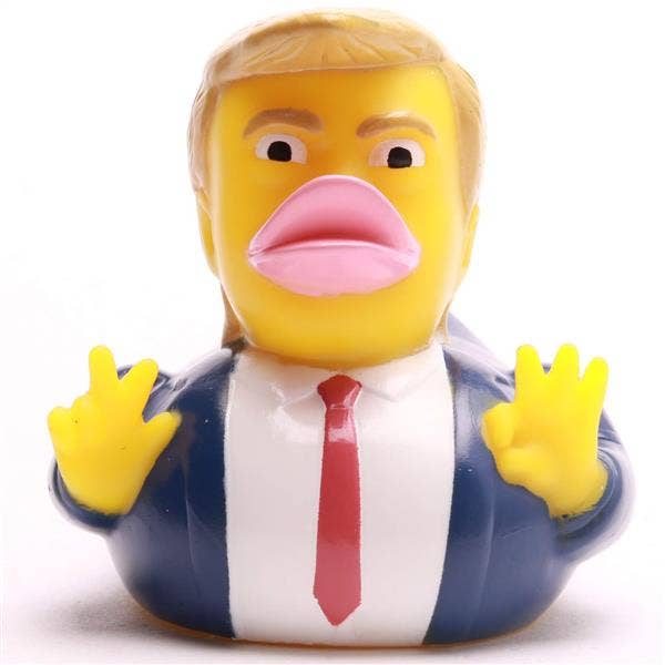 Patito de goma estilo presidente con traje azul vista frontal