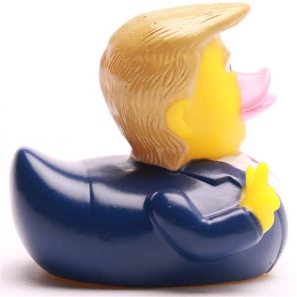 Patito de goma estilo presidente con traje azul vista lateral derecha