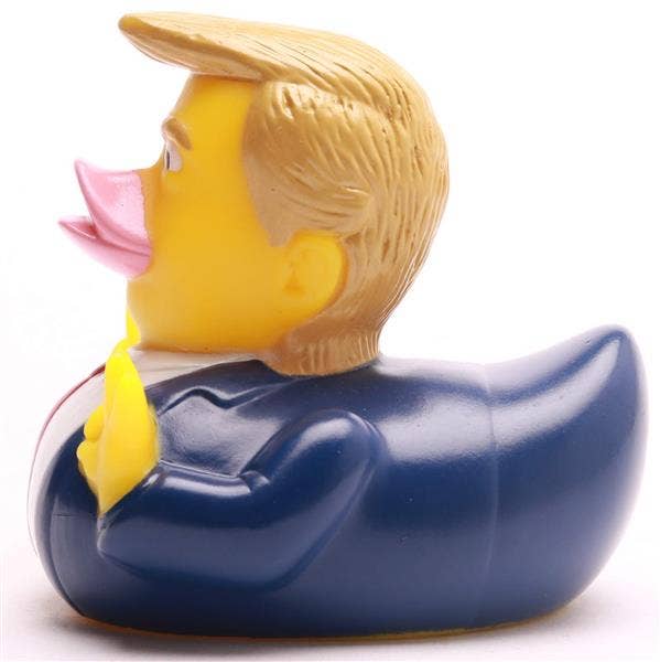 Patito de goma estilo presidente con traje azul vista lateral izquierda