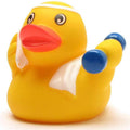 Patito de goma fitness con mancuernas vista frontal izquierda