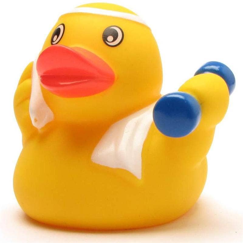 Patito de goma fitness con mancuernas vista frontal izquierda