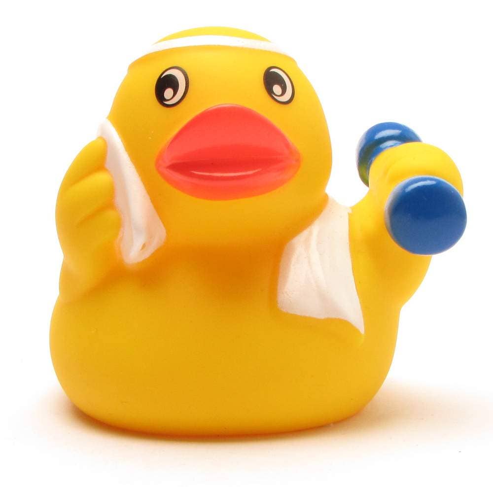 Patito de goma fitness con mancuernas vista frontal