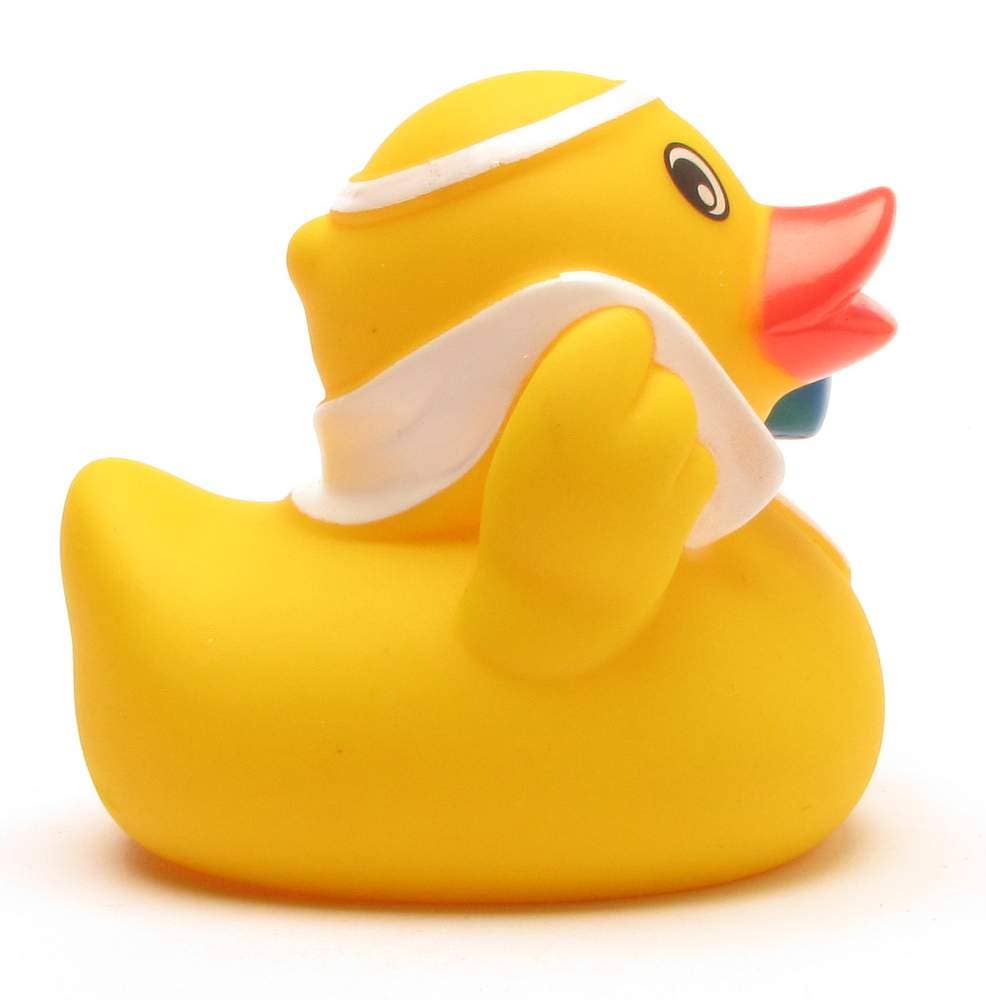 Patito de goma fitness con mancuernas vista lateral derecha