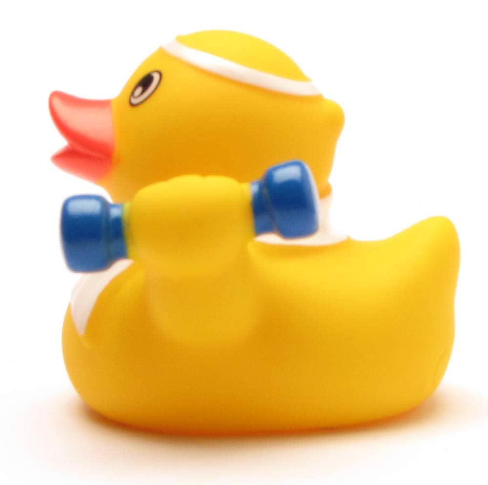 Patito de goma fitness con mancuernas vista lateral izquierda