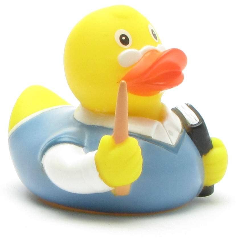 Patito de goma maestro con puntero y libro vista frontal derecha