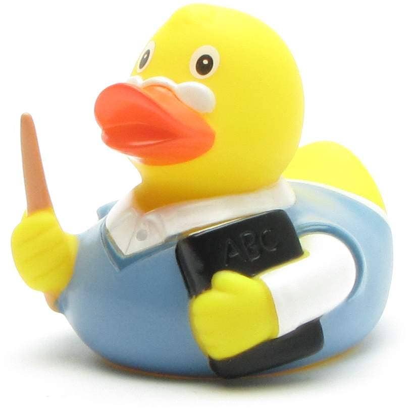 Patito de goma maestro con puntero y libro vista frontal izquierda