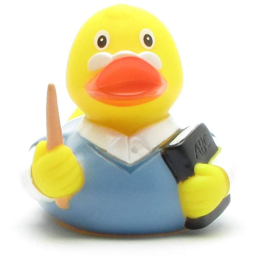 Patito de goma maestro con puntero y libro vista frontal