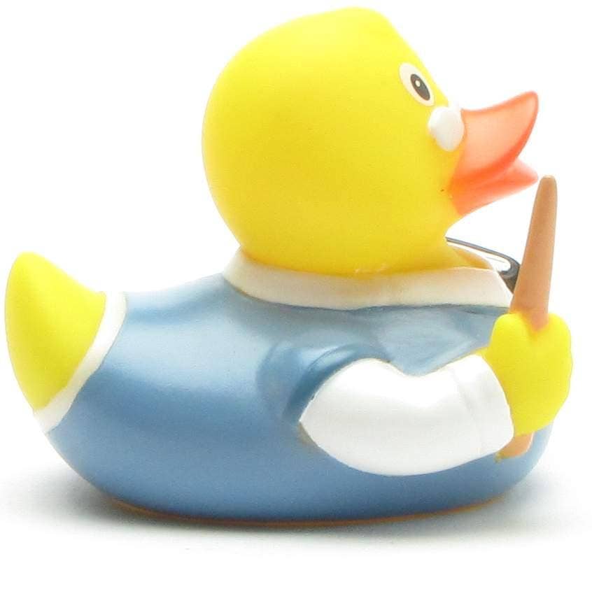 Patito de goma maestro con puntero y libro vista lateral derecha