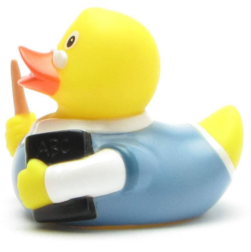 Patito de goma maestro con puntero y libro vista lateral izquierda