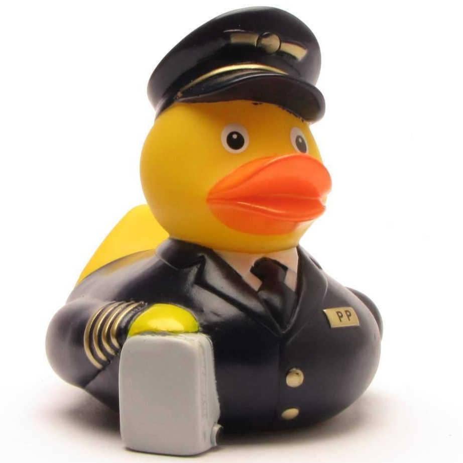 Patito de goma piloto de avión con maletín vista frontal izquierda