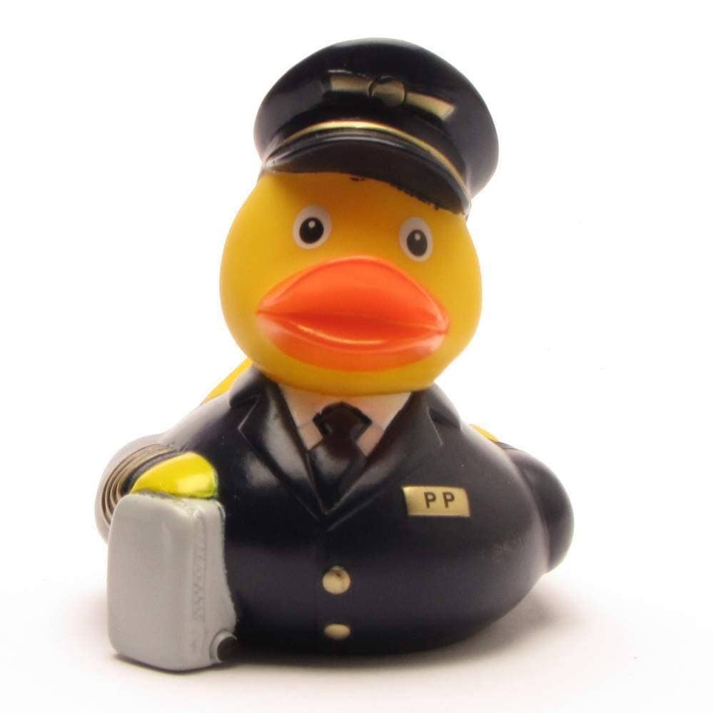 Patito de goma piloto de avión con maletín vista frontal