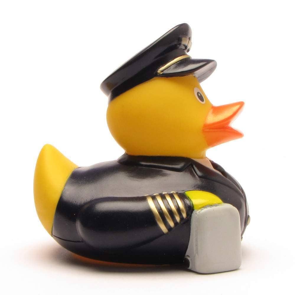 Patito de goma piloto de avión con maletín vista lateral derecha
