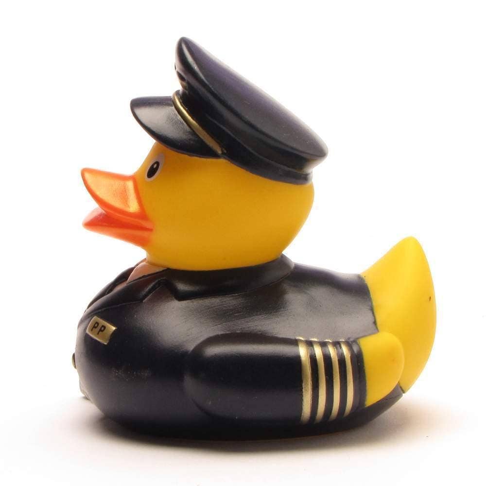 Patito de goma piloto de avión con maletín vista lateral izquierda