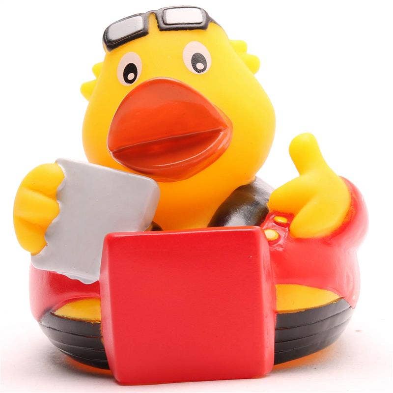 Patito de goma repartidor de pizzas con caja de pizza vista frontal