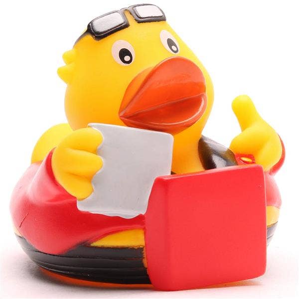 Patito de goma repartidor de pizzas vista frontal