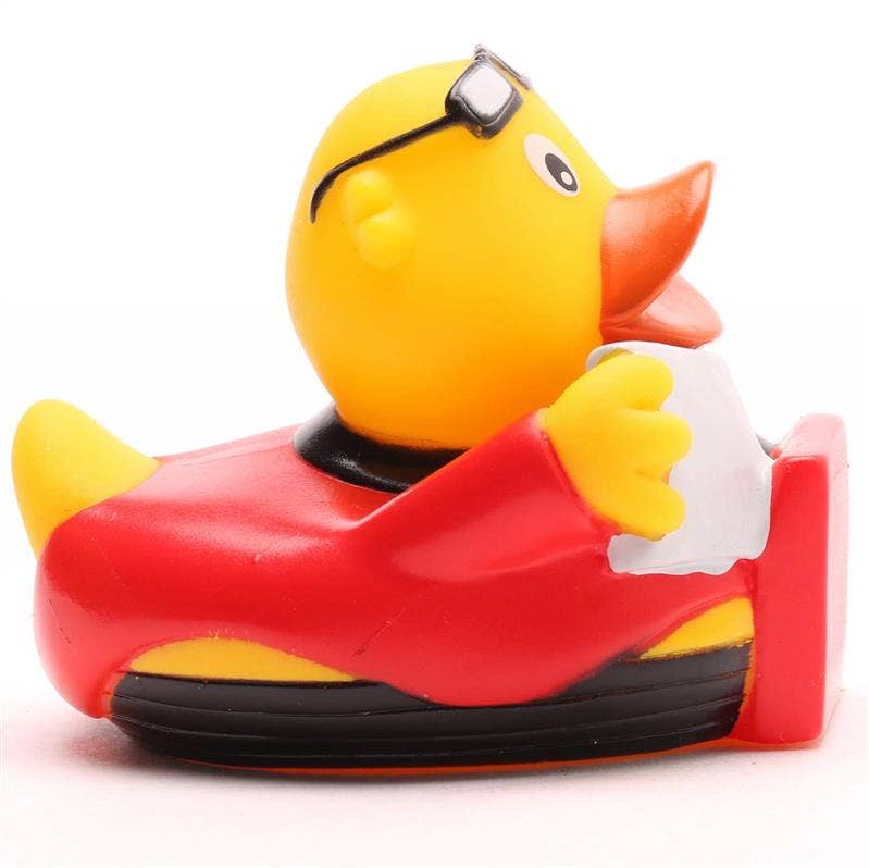 Patito de goma repartidor de pizzas vista lateral derecha