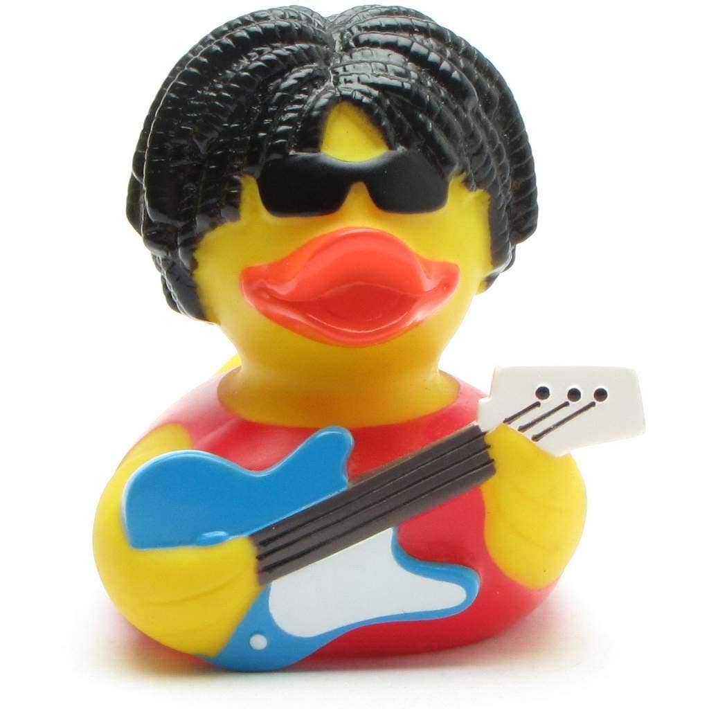 Patito de goma músico con guitarra eléctrica