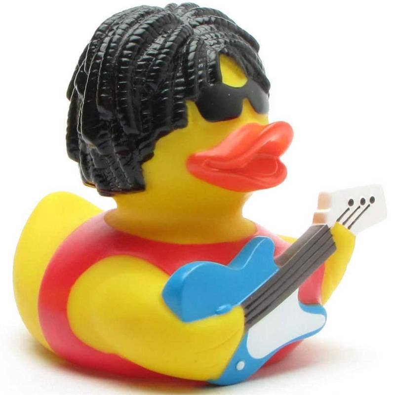Patito de goma rockero con guitarra vista frontal