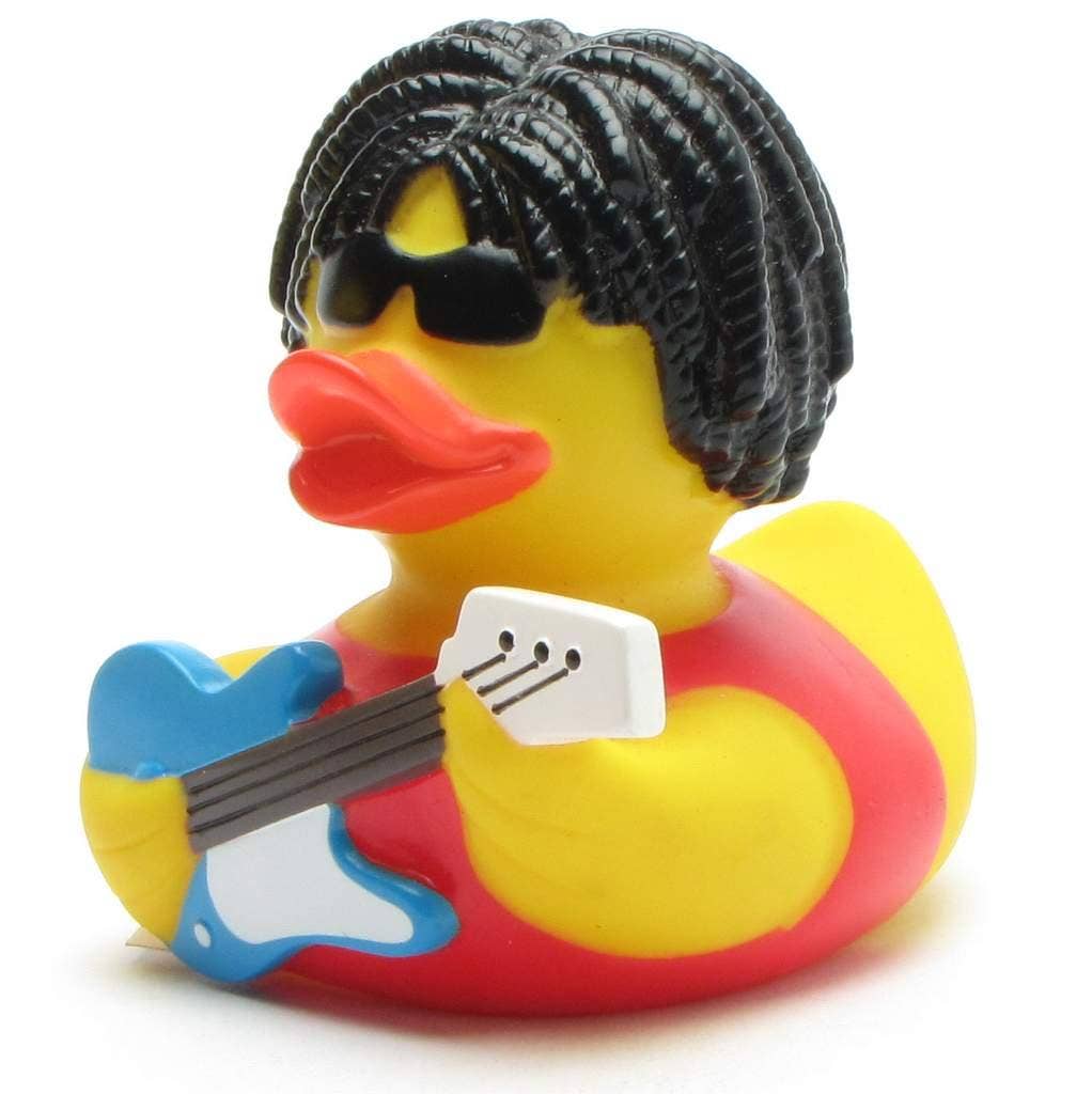 Patito de goma rockero con guitarra en perspectiva