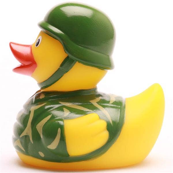 Patito de goma soldado con uniforme camuflaje vista lateral izquierda