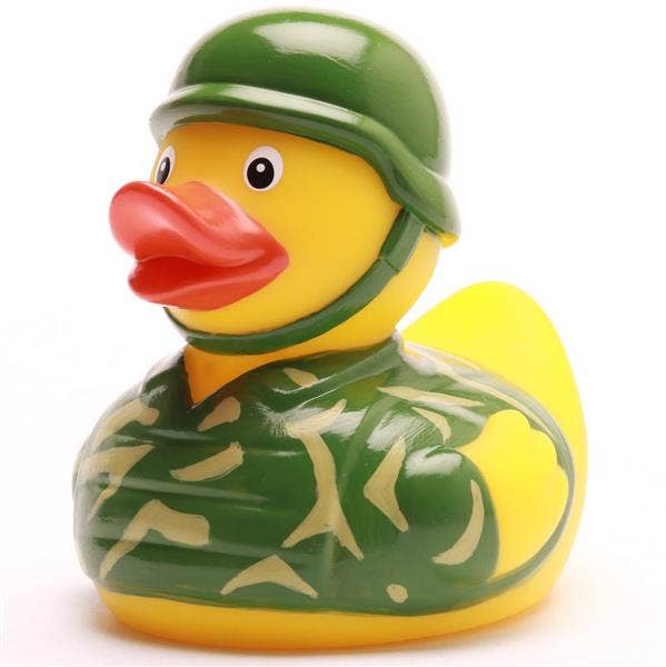 Perfil de patito de goma soldado con uniforme militar