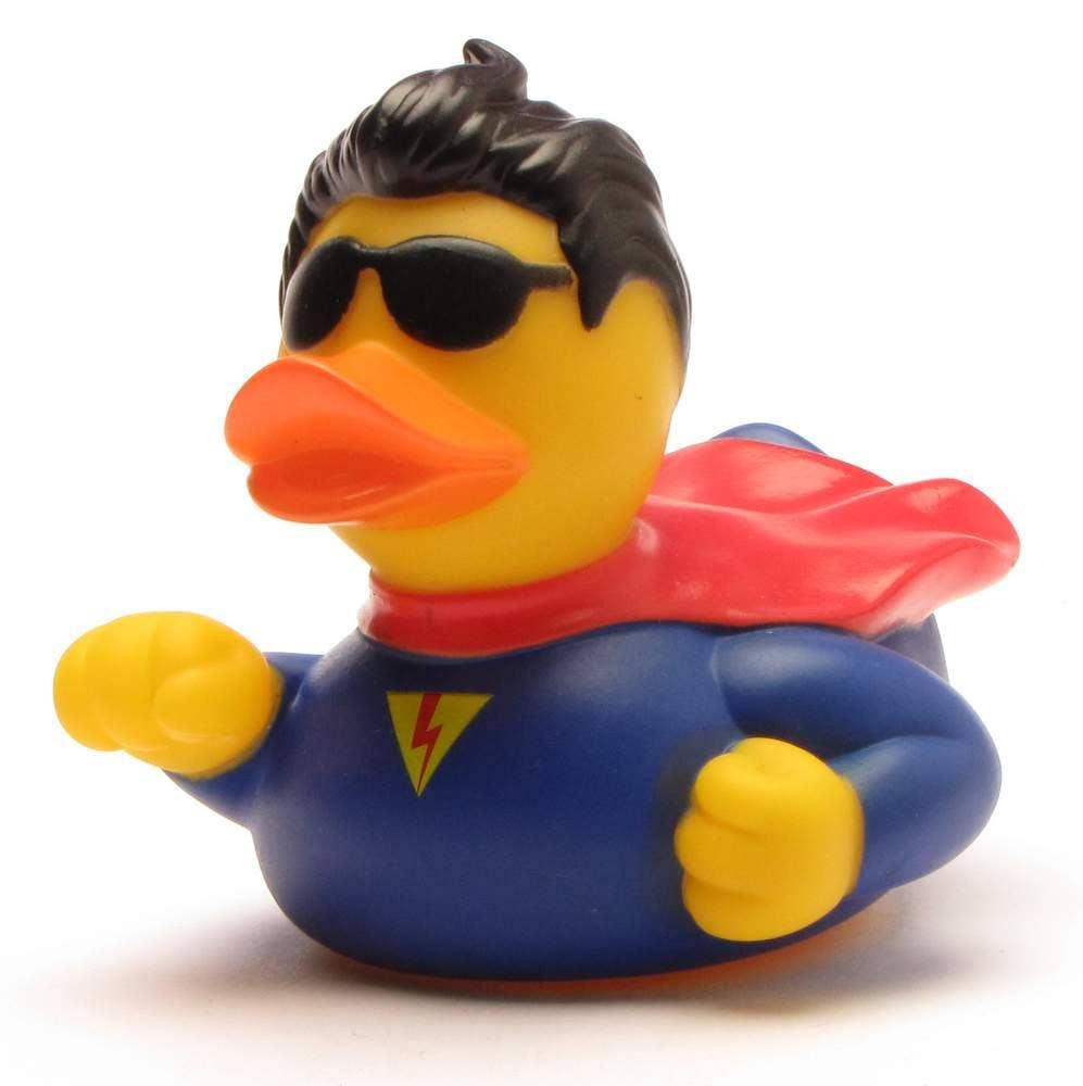 Patito de goma superhéroe con capa roja vista frontal izquierda