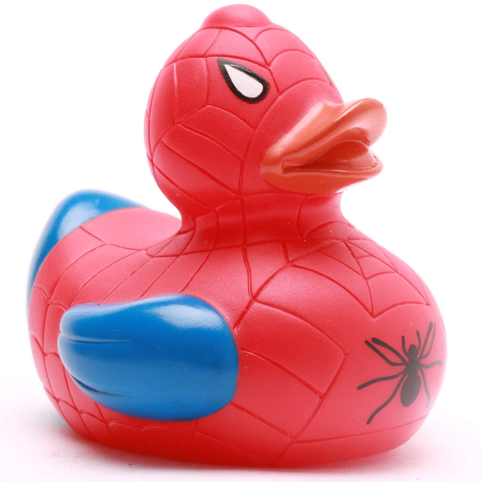 Patito de goma superhéroe rojo y azul vista frontal derecha