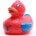 Patito de goma superhéroe rojo y azul vista frontal izquierda