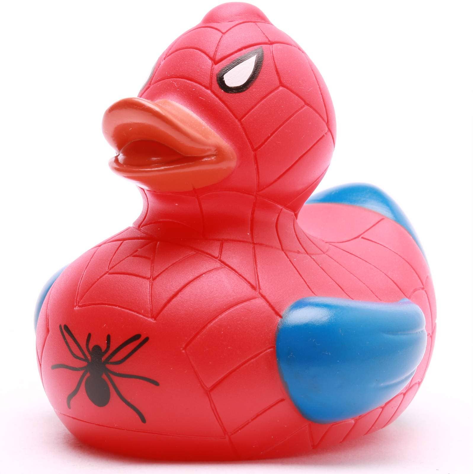 Patito de goma superhéroe rojo y azul vista frontal izquierda