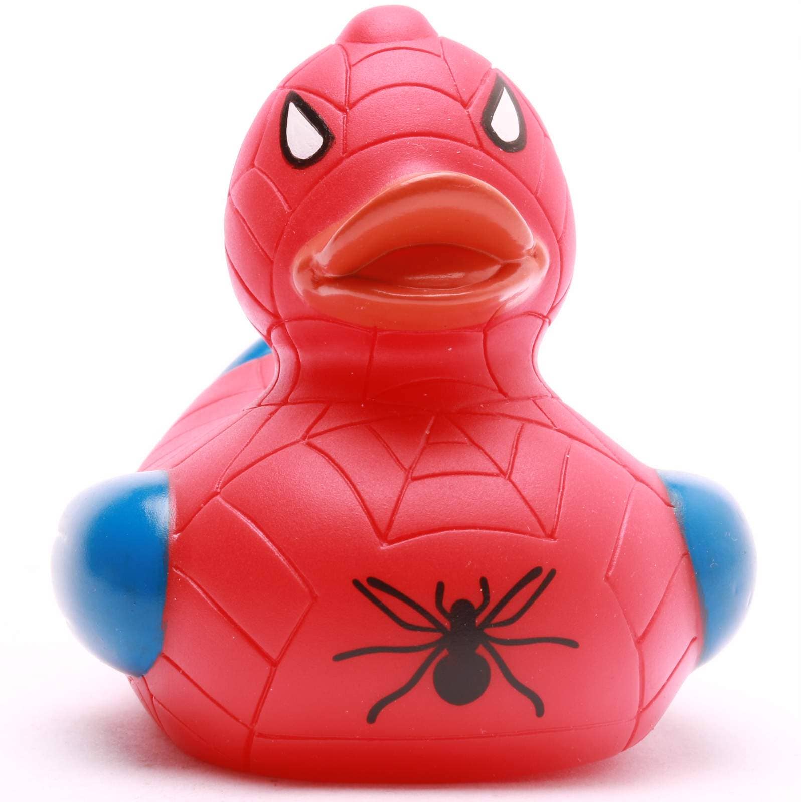 Patito de goma superhéroe rojo y azul vista frontal
