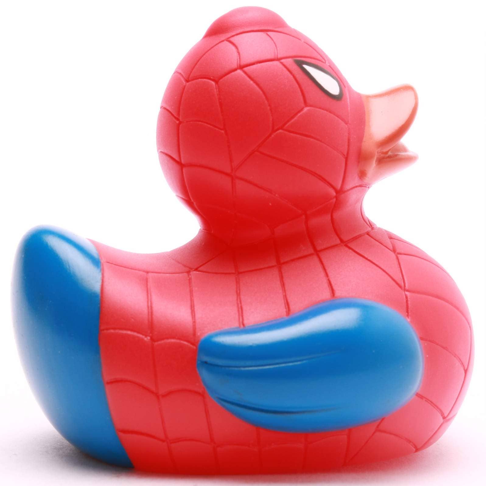 Patito de goma superhéroe rojo y azul vista lateral derecha