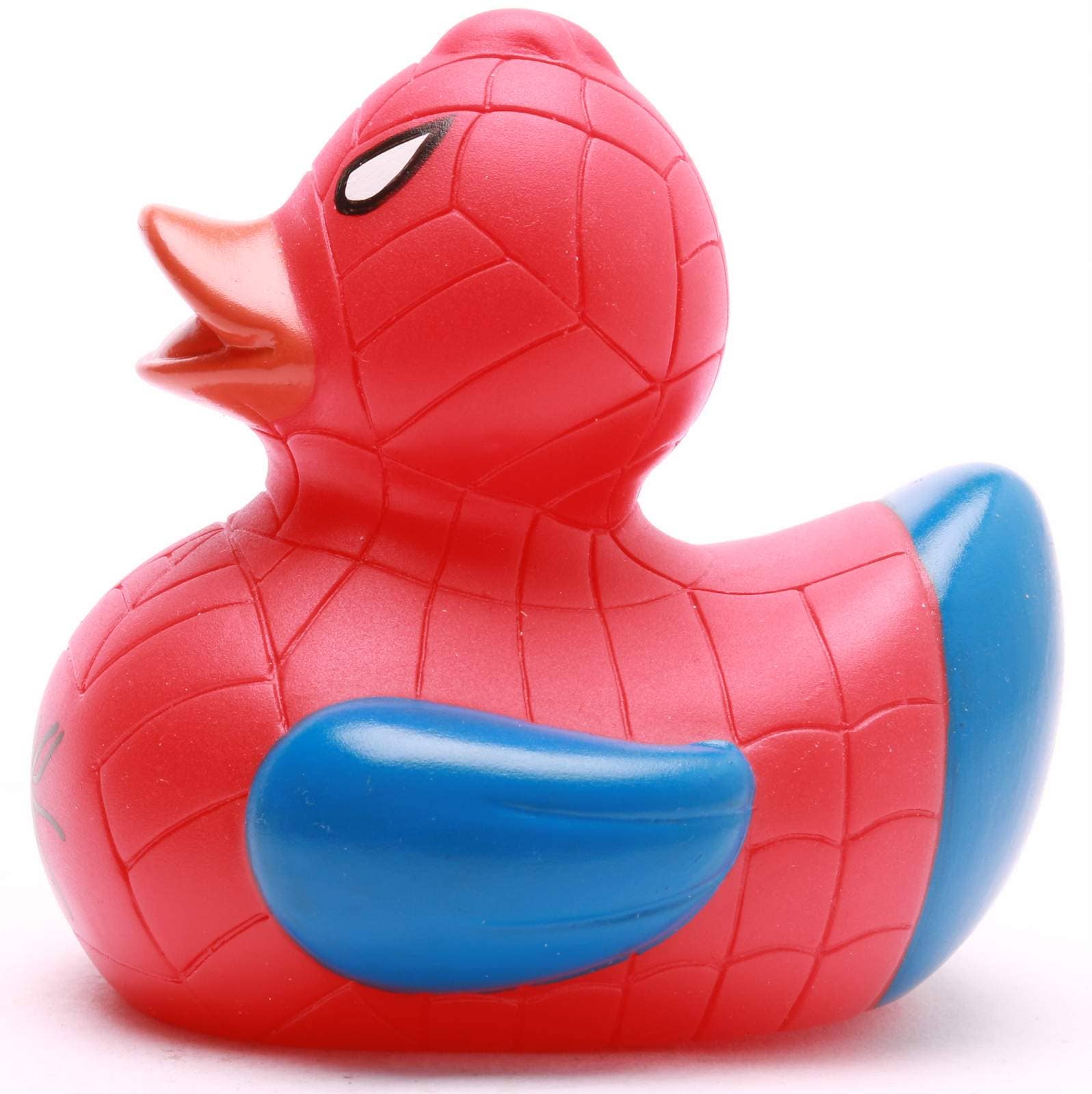 Patito de goma superhéroe rojo y azul vista lateral izquierda