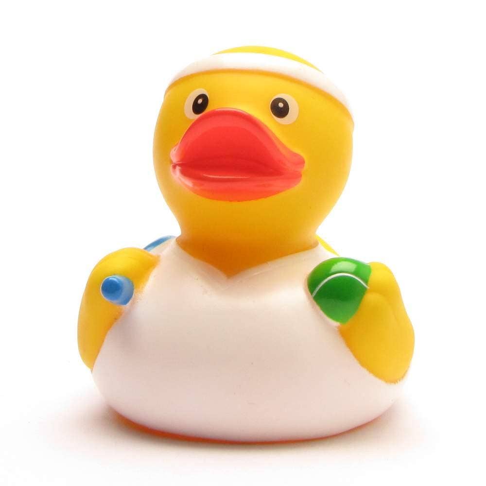 Patito de goma jugador de tenis con raqueta