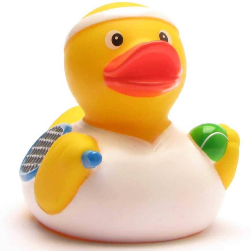 Patito de goma tenista con raqueta y pelota vista frontal