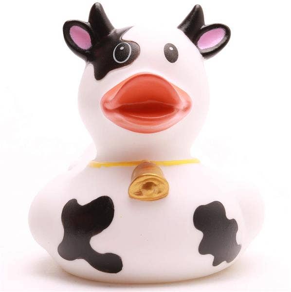 Patito de goma vaca con manchas negras vista frontal