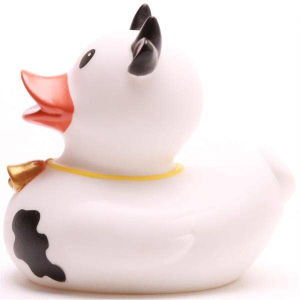 Patito de goma vaca con campana dorada vista lateral izquierda