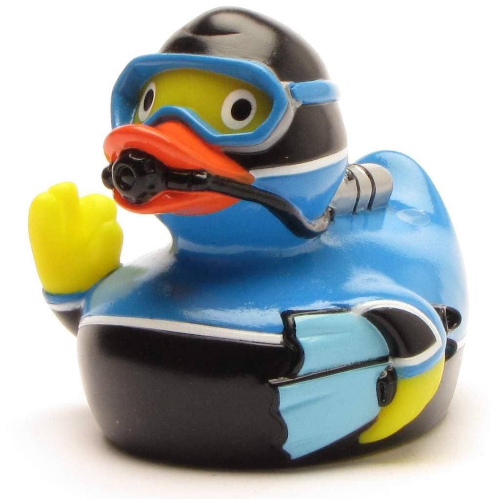 Pato de goma buzo con máscara y equipo de submarinismo