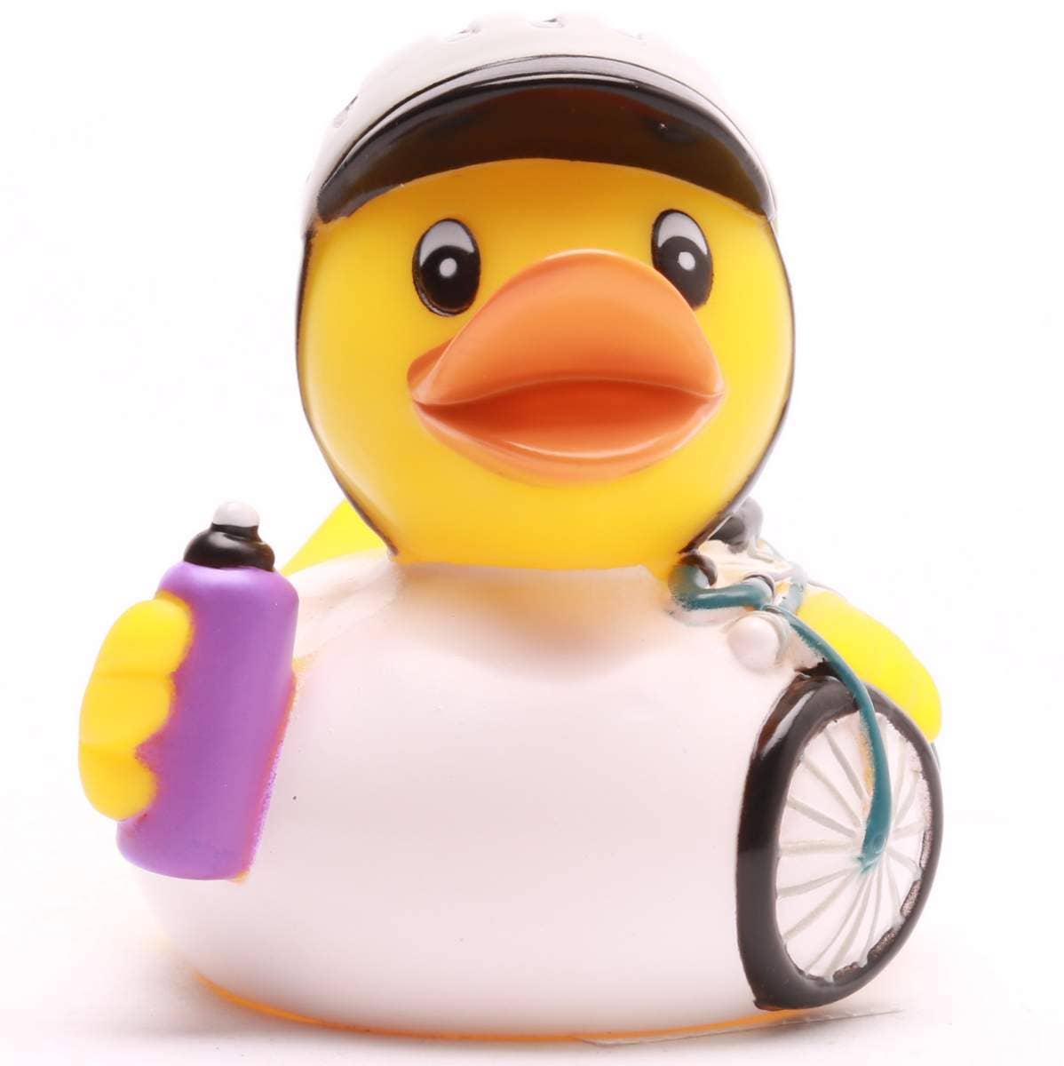 Pato de goma ciclista visto de frente con bicicleta