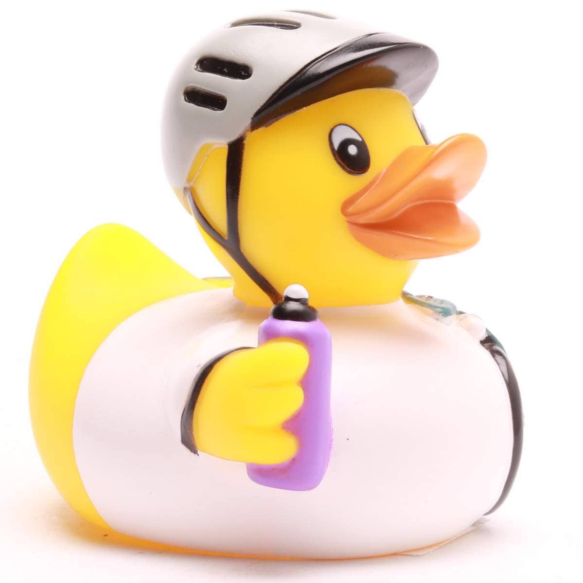 Pato de goma ciclista en vista angular mostrando la bicicleta de carretera