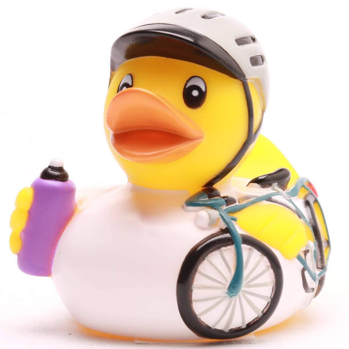 Pato de goma ciclista con casco y bicicleta