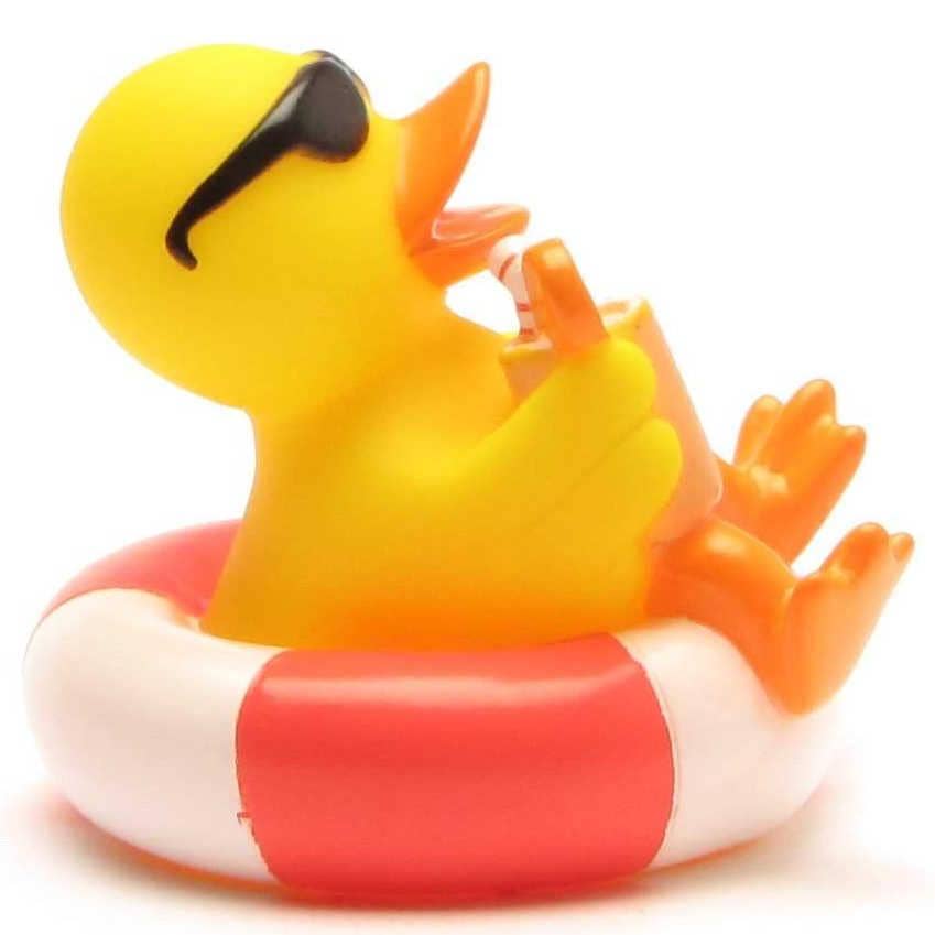 Pato de goma amarillo con flotador rojo y blanco y gafas de sol