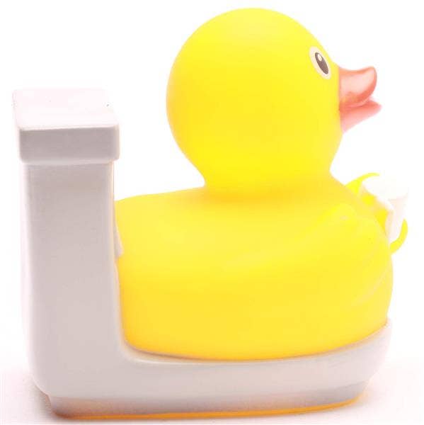 Pato de goma con WC y papel higiénico vista lateral