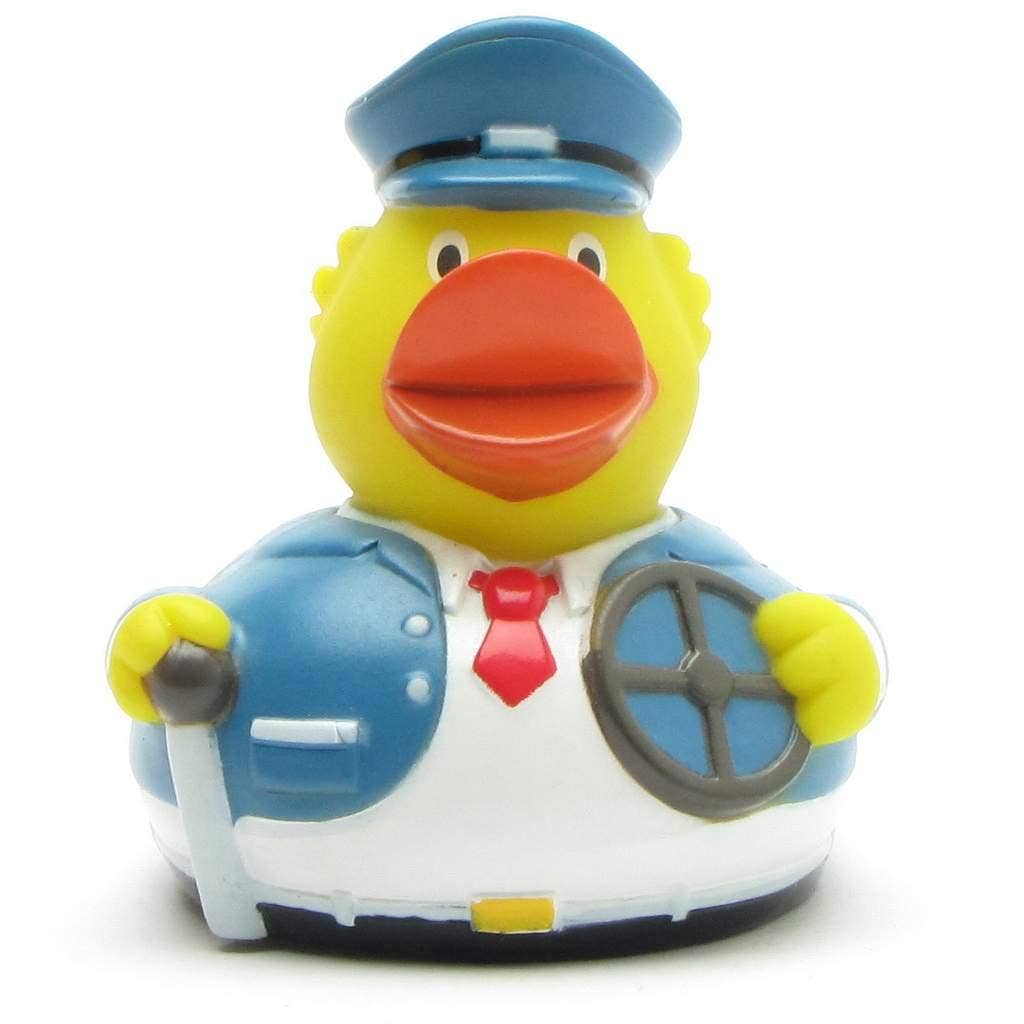 Pato de goma conductor de autobús visto de frente