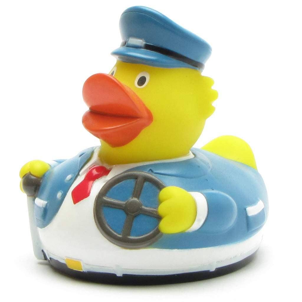 Pato de goma conductor de autobús con volante y uniforme