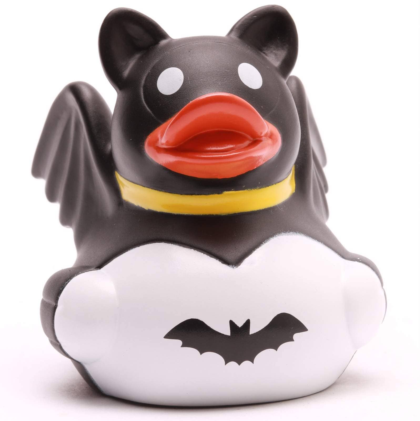 Pato de goma Dark Hero vista frontal con emblema de murciélago