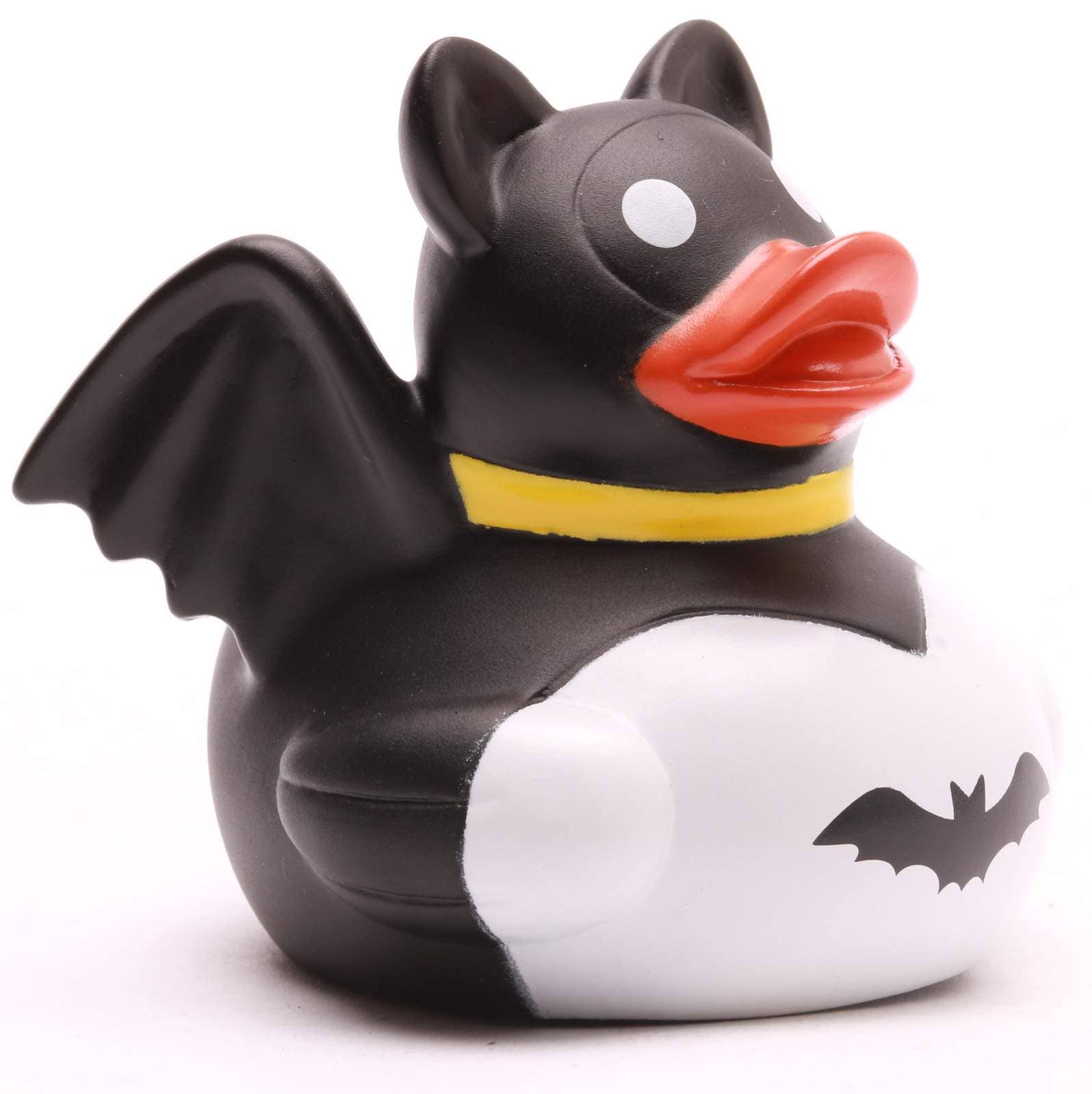 Pato de goma Dark Hero en perspectiva lateral mostrando la capa y el emblema